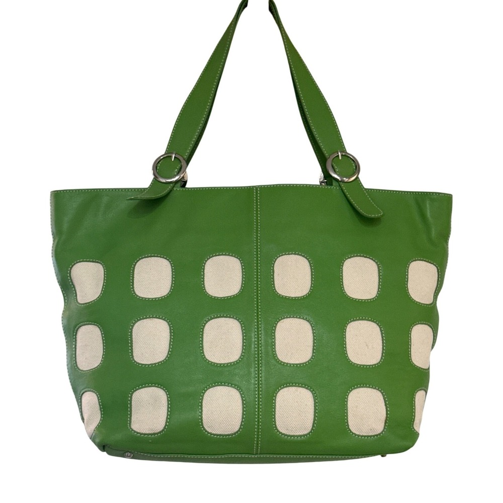 Kate Landry Green Leather Shoulder Tote Bag Cutout Perforated Large Purse Cream